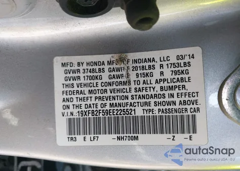 2014 Honda Civic Lx из США, поврежденный, VIN 19XFB2F59EE225521